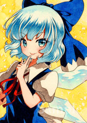 Rule 34 | 1girl, :p, bad id, bad pixiv id, blue bow, blue eyes, blue hair, blush, bow, cirno, finger to mouth, hair bow, ice, ice wings, looking at viewer, neck ribbon, puffy short sleeves, puffy sleeves, qqqrinkappp, red ribbon, ribbon, sample watermark, short hair, short sleeves, solo, tongue, tongue out, touhou, traditional media, upper body, watermark, wings, yellow background