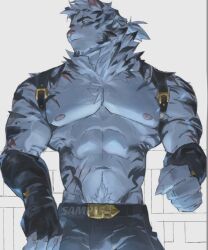 Rule 34 | 1boy, abs, animal ears, arknights, bara, belt, black belt, black gloves, black pants, blue eyes, chest harness, claws, commentary, fingerless gloves, furry, furry male, gloves, harness, looking to the side, male focus, mountain (arknights), multiple scars, muscular, muscular male, pants, pectorals, ponytail, sample watermark, scar, scar across eye, scar on arm, scar on shoulder, scar on stomach, symbol-only commentary, tiger boy, tiger ears, tiger stripes, topless male, watermark, williamschan