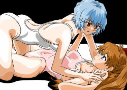 Rule 34 | 2girls, all fours, ass, ayanami rei, barefoot, blue eyes, blue hair, breasts, brown hair, covered navel, curvy, eywy4324, grabbing, grabbing from behind, hair between eyes, hair ornament, highleg, highleg swimsuit, highres, huge ass, leg lock, long hair, looking at another, looking to the side, lying, medium breasts, multiple girls, neon genesis evangelion, one-piece swimsuit, pink one-piece swimsuit, red eyes, sexually suggestive, short hair, simple background, skin tight, small breasts, smile, souryuu asuka langley, swimsuit, two side up, white one-piece swimsuit, wide hips