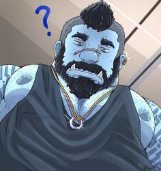 Rule 34 | 1boy, ?, absurdres, bara, black tank top, blue skin, colored skin, foreshortening, from below, glint, grondraws, half-closed eyes, highres, jewelry, large pectorals, looking at viewer, looking down, male focus, meme, mohawk, monster boy, muscular, muscular male, necklace, nipple slip, nipples, original, pectoral cleavage, pectoral focus, pectorals, photo-referenced, ring, ring necklace, scar, scar on face, scar on nose, short hair, sidepec, solo, tank top, thick chest hair, thick eyebrows, tusks, upper body, yur oc like this (meme)