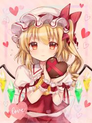 Rule 34 | 1girl, ascot, blonde hair, blush, bow, box, brooch, closed mouth, commentary request, crystal, drill hair, flandre scarlet, flying sweatdrops, frilled shirt collar, frills, hair between eyes, hair bow, hands up, hat, heart, heart-shaped box, highres, holding, holding box, jewelry, looking at viewer, medium hair, mob cap, nagisa shizuku, nervous, one side up, pink background, puffy short sleeves, puffy sleeves, red bow, red eyes, red skirt, red vest, short sleeves, simple background, skirt, solo, touhou, upper body, vest, white hat, wings, wrist cuffs, yellow ascot