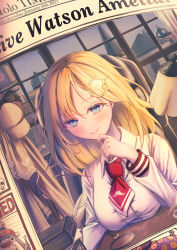 Rule 34 | 1girl, absurdres, blonde hair, blue eyes, breasts, character name, finger to own chin, highres, hololive, hololive english, huge filesize, looking down, medium breasts, necktie, newspaper, short necktie, solo, spica/kanade, virtual youtuber, watson amelia, watson amelia (1st costume)