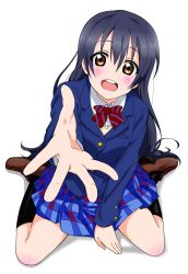 Rule 34 | 1girl, black legwear, blazer, blue hair, blush, commentary request, frolaytia, from above, full body, hair between eyes, highres, jacket, long hair, long sleeves, looking at viewer, love live!, love live! school idol project, open mouth, otonokizaka school uniform, outstretched hand, pleated skirt, red neckwear, school uniform, shirt, simple background, sitting, skirt, smile, solo, sonoda umi, striped neckwear, wariza, white background, white shirt, yellow eyes