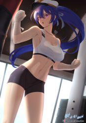 Rule 34 | 1girl, absurdres, armpits, backlighting, bandaged hand, bandages, black shorts, blue hair, breasts, cleavage, clenched hand, collarbone, dog tags, floating hair, grey ribbon, groin, hair between eyes, hair ribbon, highres, indoors, long hair, medium breasts, midriff, navel, open mouth, original, ponytail, purple eyes, ribbon, sandbag, short shorts, shorts, solo, sports bra, standing, stomach, very long hair, vilde loh hocen, white headwear, white sports bra