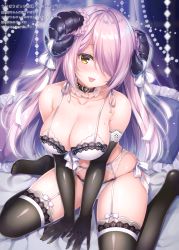 Rule 34 | 1girl, absurdres, bare shoulders, black gloves, black thighhighs, bra, braid, breasts, cleavage, collarbone, detached collar, garter belt, glint, gloves, hair over one eye, heart, highres, horns, large breasts, lingerie, long hair, looking at viewer, mitsuba choco, mole, mole on breast, mole under eye, no shoes, on bed, original, panties, pillow, pink hair, scan, simple background, sitting, solo, thighhighs, underwear, v arms, white bra, white panties, yellow eyes