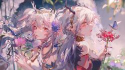 Rule 34 | 2girls, back-to-back, bare shoulders, blue flower, bug, butterfly, chinese commentary, chromatic aberration, cloud, commentary request, copyright request, day, detached sleeves, dress, flower, hair between eyes, hair flower, hair ornament, highres, holding, holding flower, horns, insect, long hair, looking at viewer, mistedsky, multiple girls, orange eyes, parted lips, pink flower, plant, scar, scar across eye, scar on face, sleeveless, sleeveless dress, slit pupils, smile, spider lily, white dress, white hair