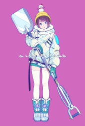 Rule 34 | 1girl, aqua footwear, aqua gloves, aqua shorts, beanie, blue eyes, boots, breast pocket, breasts, coat, commentary request, copyright request, full body, fur-trimmed boots, fur-trimmed coat, fur trim, gloves, hat, head tilt, highres, holding, holding shovel, hood, hood down, hooded coat, kamogawa (kamogawa sodachi), knee boots, long sleeves, looking at viewer, pocket, purple background, purple hair, short hair, short shorts, shorts, shovel, simple background, snow shovel, snowman, solo, standing, tareme, thighhighs, white coat, white thighhighs, yellow hat, zipper