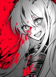 Rule 34 | 1girl, blood, blood on face, blood splatter, crazy eyes, fate/grand order, fate (series), fufufu hehehe, greyscale with colored background, highres, long hair, nagao kagetora (fate), red background, signature, spot color