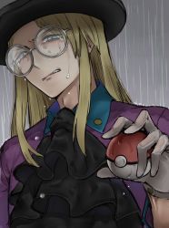 Rule 34 | 1boy, ascot, avery (pokemon), black ascot, black hat, blonde hair, blue eyes, buttons, commentary request, creatures (company), crying, game freak, glasses, gloves, hand up, hat, highres, holding, holding poke ball, long hair, male focus, nintendo, parted lips, poke ball, poke ball (basic), pokemon, pokemon swsh, purple shirt, rain, round eyewear, shirt, solo, tears, top hat, tudurimike, upper body, white gloves