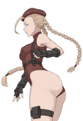 Rule 34 | 1girl, armor, belt, blue eyes, braid, breasts, cammy white, capcom, cheshirrr, fingerless gloves, from side, gloves, hat, highleg, highleg leotard, highres, leotard, long hair, looking at viewer, red leotard, shoulder armor, simple background, solo, street fighter, thigh strap, twin braids, very long hair, white background