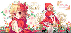 Rule 34 | 1girl, alcohol, basket, bee, bow, bread, bug, cape, capelet, fang, female focus, flandre scarlet, flower, food, hair bow, hood, insect, kino konomi, konomi (kino konomi), little red riding hood, looking at viewer, mushroom, open mouth, plant, rabbit, red eyes, shirt, side ponytail, skirt, smile, solo, team shanghai alice, thighhighs, touhou, tree, v arms, vines, white thighhighs, wine, wolf, zettai ryouiki