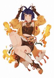 Rule 34 | absurdres, arms up, bandage on knee, bare shoulders, blue hair, blush, bracelet, braid, braided hair rings, chinese clothes, detached sleeves, fingerless gloves, fire, full body, genshin impact, gloves, hair ornament, hair rings, hairclip, highres, jacket, jewelry, knee up, looking at viewer, mandarin collar, midriff peek, nya deko, open mouth, short eyebrows, shorts, simple background, smile, socks, solo, teeth, thighs, v, white background, xiangling (genshin impact), yellow eyes