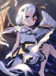 1girl, absurdres, bad hands, bare legs, bare shoulders, barefoot, belt, black background, black belt, black feathers, black hair, black wings, blue eyes, blurry, blurry foreground, caduceus, commentary, dress, expressionless, feathered wings, feathers, hair ornament, heterochromia, highres, jewelry, low twintails, monmo mu, multicolored hair, necklace, off-shoulder dress, off shoulder, original, red eyes, simple background, solo, twintails, two-tone hair, two-tone wings, white dress, white feathers, white hair, white wings, wings