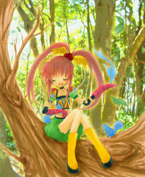 Rule 34 | 1girl, animal, boots, chelsea torn, choker, closed eyes, forest, gloves, long hair, midriff, nature, open mouth, pink hair, tales of (series), tales of destiny