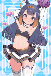 Rule 34 | 1girl, alternate costume, arm behind head, arm warmers, armpits, arms up, black choker, black skirt, blue eyes, blunt bangs, blush, cheerleader, choker, closed mouth, cowboy shot, crop top, dot nose, flat chest, fur-trimmed choker, fur trim, gradient hair, halo, headpiece, heart, highres, holding, holding pom poms, hololive, hololive english, inset border, kani bonara, long hair, looking at viewer, midriff, miniskirt, multicolored hair, navel, ninomae ina&#039;nis, orange hair, pleated skirt, pointy ears, pom pom (cheerleading), pom poms, purple hair, sidelocks, skirt, smile, solo, sweat, tentacle hair, thighhighs, virtual youtuber, white thighhighs, yellow halo