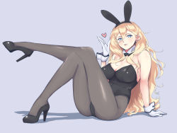 Rule 34 | 1girl, animal ears, black footwear, black pantyhose, blonde hair, blue eyes, blush, breasts, bunny day, cleavage, collar, crossed legs, fake animal ears, full body, gloves, hairband, heart, high heels, kantai collection, large breasts, leotard, lips, long hair, mole, mole on breast, mole under eye, mole under mouth, pantyhose, parted lips, playboy bunny, rabbit ears, richelieu (kancolle), shadow, shingyou (alexander-13), simple background, solo, white collar, white gloves, wrist cuffs