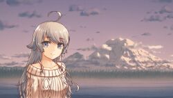 Rule 34 | 1girl, ahoge, closed mouth, collarbone, commentary, english commentary, grey eyes, grey hair, highres, kantai collection, long hair, long sleeves, looking at viewer, mountain, off-shoulder sweater, off shoulder, outdoors, ribbed sweater, solo, sweater, upper body, vorisar, washington (kancolle), white sweater