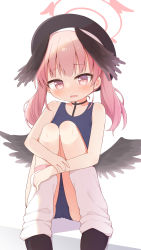 Rule 34 | 1girl, absurdres, ayanepuna, bare arms, bare shoulders, beret, black choker, black footwear, black hat, black wings, blue archive, blue one-piece swimsuit, blush, choker, closed mouth, collarbone, feathered wings, halo, hat, head wings, highres, hugging object, hugging own legs, knees up, koharu (blue archive), long hair, long sleeves, loose socks, low wings, off shoulder, one-piece swimsuit, panties, parted lips, pink eyes, pink hair, school swimsuit, shoes, sitting, socks, solo, sweat, swimsuit, twintails, underwear, wavy hair, wavy mouth, white background, white socks, wings