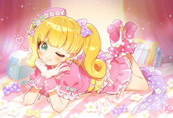 Rule 34 | 1girl, bag, blonde hair, blue ribbon, blush, bow, box, closed mouth, curtains, dot nose, dress, dress bow, flower, frilled dress, frills, gift, gift box, green eyes, hat, head rest, heart, high heels, idolmaster, idolmaster cinderella girls, idolmaster cinderella girls starlight stage, legs up, long hair, looking at viewer, lying, mary cochran, mini hat, natsumi (natumi06), on bed, on stomach, one eye closed, pink dress, pink hat, pink ribbon, polka dot, polka dot ribbon, purple ribbon, ribbon, short sleeves, smile, solo, twintails, wrist cuffs, yellow ribbon