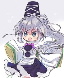 Rule 34 | 1girl, biyon, black skirt, blue eyes, commentary request, cowboy shot, grey background, grey hair, hat, japanese clothes, kariginu, long hair, long sleeves, mononobe no futo, open mouth, pom pom (clothes), ponytail, skirt, smile, solo, star (symbol), tate eboshi, touhou, wide sleeves