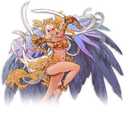 Rule 34 | 1girl, anklet, armor, bangle, bare shoulders, barefoot, bikini, bikini top only, bracelet, breasts, cape, cleavage, crossed arms, dual wielding, eyeshadow, feathers, headpiece, holding, jewelry, large breasts, leg up, lips, long hair, makeup, minaba hideo, navel, necklace, official art, orange bikini, pink eyes, saber (weapon), sheena (terra battle), solo, swimsuit, sword, terra battle, transparent background, underboob, very long hair, warrior, weapon, white hair, x arms