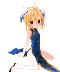 Rule 34 | 1girl, :o, ahoge, alternate costume, arm support, bare shoulders, black eyes, blonde hair, blue dress, blush, breasts, bun cover, china dress, chinese clothes, commentary request, double bun, dress, flats, hair bun, highres, kokaki mumose, looking at viewer, mandarin collar, multicolored eyes, no panties, null-meta, open mouth, pelvic curtain, red eyes, short hair, simple background, sitting, sleeveless, sleeveless dress, small breasts, solo, uozumi kurumi, wariza, white background