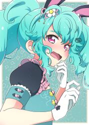 Rule 34 | 1girl, animal ears, blue hair, blush, border, chii (chi pppuri), chinese clothes, commentary request, fake animal ears, flower, from side, gloves, hair flower, hair ornament, hands up, highres, idol land pripara, katasumi amari, long hair, looking at viewer, nervous, open mouth, outline, outside border, pink eyes, pretty series, pripara, puffy short sleeves, puffy sleeves, rabbit ears, short sleeves, signature, solo, twintails, upper body, white border, white flower, white gloves, white outline