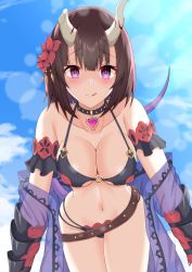 Rule 34 | 1girl, belt, bikini, black bikini, black choker, black gloves, blue sky, blush, breasts, broken horn, choker, cleavage, commentary request, covered erect nipples, day, demon girl, demon horns, detached sleeves, eriko (princess connect!), eriko (summer) (princess connect!), flower, gloves, hair flower, hair ornament, heart, heart choker, highres, horns, iseshi, leaning forward, licking lips, looking at viewer, midriff, multi-strapped bikini bottom, navel, o-ring, o-ring bikini, official alternate costume, outdoors, princess connect!, purple shawl, see-through shawl, shawl, short sleeves, sky, smile, solo, swimsuit, tail, tongue, tongue out