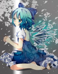 Rule 34 | 1girl, bad id, bad pixiv id, barefoot, blue dress, blue eyes, blue hair, bow, cirno, crying, dress, hair bow, hikobae, ice, ice wings, interlocked fingers, looking at viewer, matching hair/eyes, open mouth, own hands clasped, own hands together, petals, puffy sleeves, shirt, short sleeves, sitting, solo, spring (season), touhou, wariza, wings