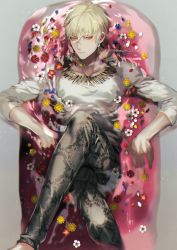 Rule 34 | 1boy, bathing, bathtub, blonde hair, clothed bath, earrings, fate/grand order, fate (series), flower, gilgamesh (fate), highres, jewelry, looking at viewer, male focus, necklace, official alternate costume, pants, red eyes, sakura hitsuji, shirt, short hair, signature, solo, tooth necklace, twitter username, white shirt