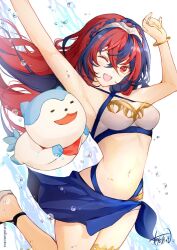 Rule 34 | 1girl, alear (female) (fire emblem), alear (fire emblem), alternate costume, armpits, arms up, atoatto, bandana, bikini, blue hair, braid, breasts, criss-cross halter, crown braid, fire emblem, fire emblem engage, halterneck, long hair, looking at viewer, multicolored hair, navel, nintendo, one eye closed, open mouth, red bandana, red eyes, red hair, sandals, small breasts, smile, solo, sommie (fire emblem), split-color hair, swimsuit, tiara, white background, white bikini