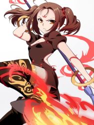 Rule 34 | 1girl, ahoge, anime coloring, boots, breasts, brown eyes, brown hair, china dress, chinese clothes, cleavage cutout, clothing cutout, dress, facial mark, fate/grand order, fate (series), fire, fishnet pantyhose, fishnets, forehead mark, nezha (fate), pantyhose, polearm, scrunchie, small breasts, solo, spear, thigh boots, thighhighs, twintails, weapon