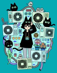 Rule 34 | 1girl, :3, air conditioner, animal ears, aqua background, arm up, arrow (symbol), black cat, black hair, black hoodie, blunt bangs, blunt ends, blush stickers, bright pupils, can, canned fish, canned food, cat, cat ears, cat girl, cat tail, closed mouth, coin purse, commentary request, dot nose, extra eyes, fish background, flower, flower pot, garouma, grey pants, highres, hood, hood down, hoodie, lizard, long sleeves, looking at viewer, original, pants, plant, potted plant, push-button, short hair, signature, smile, solo, standing, straight-on, straight hair, tail, white pupils