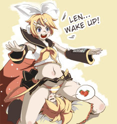 Rule 34 | 1boy, 1girl, bad id, belt, blonde hair, blue eyes, blush, brother and sister, cunnilingus, detached sleeves, food, fruit, hair ornament, hairclip, hard-translated, headphones, hetero, incest, kagamine len, kagamine rin, kinno, midriff, navel, oral, panties, ribbon, short hair, siblings, sitting, sitting on face, sitting on person, skirt, strawberry, striped clothes, striped panties, third-party edit, translated, twincest, twins, underwear, uniform, vocaloid, yellow theme