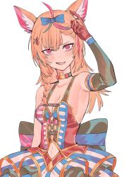 Rule 34 | 1girl, @ @, animal ear fluff, animal ears, arm up, armpits, black choker, blonde hair, blue bow, blue hair, blush, bow, breasts, choker, cleavage, clothing cutout, detached sleeves, dress, fox ears, gloves, grin, hair bow, hair ornament, highres, hololive, kakult2017, long hair, looking at viewer, medium breasts, multicolored hair, navel, navel cutout, omaru polka, omaru polka (1st costume), pink hair, red eyes, red gloves, simple background, single detached sleeve, smile, solo, streaked hair, striped clothes, striped dress, virtual youtuber, white background, x hair ornament