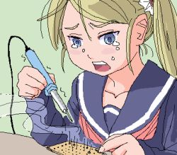 Rule 34 | 1girl, blonde hair, blue eyes, blush, crying, crying with eyes open, futaba channel, green background, long hair, lowres, non-web source, oekaki, open mouth, original, school uniform, serafuku, simple background, smoke, soldering, soldering iron, solo, tears, twintails