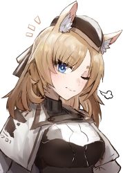 Rule 34 | 1girl, animal ear fluff, animal ears, arknights, armor, black bow, black hat, blonde hair, blue eyes, bow, cape, hair bow, hat, highres, horn/wood, horse ears, kingdom of kazimierz logo, long hair, looking at viewer, notice lines, one eye closed, puff of air, simple background, solo, thick eyebrows, upper body, whislash (arknights), white background, white cape