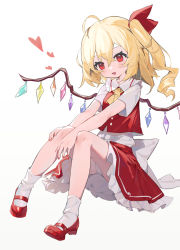 Rule 34 | 1girl, absurdres, ascot, blonde hair, collared shirt, crossed bangs, crystal, fingernails, flandre scarlet, frills, grey background, grey panties, grey shirt, grey socks, hair between eyes, hair ribbon, heart, highres, jewelry, looking at viewer, measho, multicolored wings, nail polish, no headwear, one side up, open mouth, panties, pantyshot, puffy short sleeves, puffy sleeves, red eyes, red footwear, red nails, red ribbon, red skirt, red vest, ribbon, shirt, shoes, short hair, short sleeves, simple background, sitting, skirt, smile, socks, solo, touhou, underwear, vest, white background, wings, yellow ascot