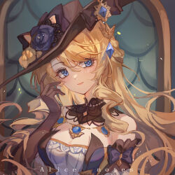 1girl artist_name bare_shoulders black_hat blonde_hair blue_eyes blue_flower blue_gemstone blue_rose breasts cleavage closed_mouth commentary_request crystal detached_collar dress flower gem genshin_impact gloves grey_gloves hand_up hat hat_flower head_tilt jewelry lixiang_guo_alice long_hair looking_at_viewer medium_breasts navia_(genshin_impact) necklace off-shoulder_dress off_shoulder rose solo upper_body