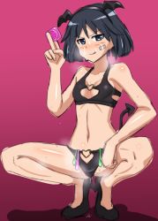 Rule 34 | 1girl, bandaid, bat hair ornament, bat wings, black bra, black hair, black panties, blue eyes, blush, bra, brave witches, breasts, condom, cum, demon tail, facial, hachimitsu-b, hair ornament, heart o-ring, heart ring bottom, heart ring top, kanno naoe, looking at viewer, panties, short hair, small breasts, smile, solo, spread legs, tail, underwear, used condom, wings, world witches series