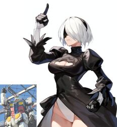 Rule 34 | 1girl, black blindfold, black dress, blindfold, cleavage cutout, clothing cutout, dress, gloves, gundam, hairband, haje, juliet sleeves, leotard, leotard under clothes, long sleeves, mecha, mobile suit, mobile suit gundam, mole, mole under mouth, nier (series), nier:automata, photo-referenced, puffy sleeves, real life, robot, rx-78-2, short hair, white hair, 2b (nier:automata)