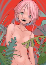 Rule 34 | 1girl, blue eyes, breasts, convenient censoring, female focus, groin, highres, navel, nude, open mouth, original, out-of-frame censoring, pink hair, plant, red background, shinagire, short hair, simple background, small breasts, smile, solo