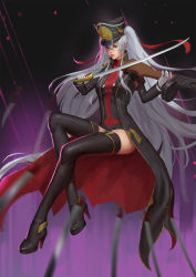Rule 34 | 1girl, absurdres, altair (re:creators), black coat, black footwear, boots, coat, eggting, epaulettes, floating, floating hair, floating object, floating weapon, gloves, gradient background, gun, hat, high heel boots, high heels, highres, holding, holding gun, holding sword, holding weapon, light particles, light rays, long hair, looking at viewer, military, military hat, military uniform, ppsh-41, re:creators, red eyes, submachine gun, sword, thigh boots, thighhighs, thighs, twintails, uniform, very long hair, weapon, white gloves, wind, wind lift