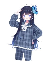 Rule 34 | 1girl, :o, ahoge, aoi nabi, arm up, black hair, blue eyes, blush, butterfly hair ornament, collarbone, collared shirt, cropped legs, deyui, frilled sleeves, frills, grey pajamas, grey pants, grey shirt, hair ornament, hairclip, hand on own hip, highres, indie virtual youtuber, long hair, long sleeves, open mouth, pajamas, pants, plaid, plaid pajamas, plaid pants, plaid shirt, puffy long sleeves, puffy sleeves, shirt, simple background, solo, standing, teeth, upper teeth only, very long hair, virtual youtuber, white background, x hair ornament