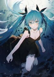 Rule 34 | 1girl, aqua eyes, aqua hair, barefoot, black bow, black dress, bow, breasts, cleavage, collarbone, dress, fish, hair between eyes, hair bow, hair spread out, hatsune miku, long hair, looking at viewer, medium breasts, nogi lace, parted lips, shinkai shoujo (vocaloid), sidelocks, sleeveless, sleeveless dress, solo, twintails, underwater, vocaloid
