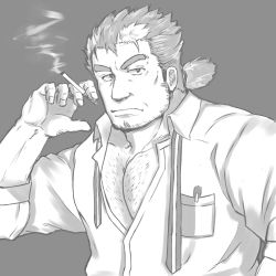 Rule 34 | 1boy, absurdres, bara, beard, chest hair, cigarette, collared shirt, facial hair, formal, greyscale, highres, large pectorals, long sideburns, looking at viewer, male focus, mature male, monochrome, mononobe kyoma, multicolored hair, muscular, muscular male, necktie, old, old man, partially unbuttoned, pectorals, shirt, short hair, sideburns, smoking, solo, streaked hair, stubble, tatatan (ts kon2), thick eyebrows, tokyo houkago summoners, undone necktie