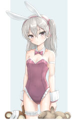 Rule 34 | 1girl, animal ears, bandages, bare shoulders, boko (girls und panzer), bow, bowtie, breasts, brown eyes, closed mouth, collar, commentary request, covered navel, detached collar, fake animal ears, flipper, frilled leotard, frills, girls und panzer, grey background, grey hair, hair between eyes, hairband, highres, holding, holding stuffed toy, leotard, long hair, looking at viewer, one side up, pink bow, pink bowtie, pink hairband, playboy bunny, rabbit ears, red leotard, shimada arisu, small breasts, solo, strapless, strapless leotard, stuffed animal, stuffed toy, teddy bear, two-tone background, white background, white collar, wrist cuffs