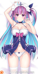 Rule 34 | 1girl, babydoll, colored inner hair, dakimakura (medium), gabriel evangel, highres, hololive, lingerie, long hair, looking at viewer, maid headdress, minato aqua, multicolored hair, nail polish, patreon username, ribbon, side ponytail, simple background, smile, solo, thighhighs, underwear, virtual youtuber, white thighhighs