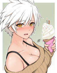 Rule 34 | 1girl, airisubaka, artist name, bare shoulders, beige sweater, blush, border, bra strap, breasts, cleavage, collarbone, commentary, food, food on face, gradient background, green background, highres, ice cream, large breasts, looking at viewer, miyabi (senran kagura), off-shoulder sweater, off shoulder, open mouth, outline, outside border, senran kagura, short hair, simple background, solo, sprinkles, sweater, upper body, wafer stick, white hair, white outline, yellow eyes