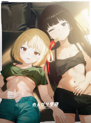 Rule 34 | 2girls, absurdres, bite mark on stomach, black bra, black hair, black shorts, blonde hair, blue shirt, blue shorts, bob cut, border, bra, breasts, cleavage, closed mouth, collarbone, commentary request, edgar syu, hair ribbon, hand on another&#039;s thigh, hand on own stomach, highres, inoue takina, large breasts, long hair, lycoris recoil, multiple girls, navel, nishikigi chisato, no panties, one eye closed, one side up, open fly, open mouth, outside border, panties, purple eyes, red bra, red eyes, red ribbon, ribbon, shirt, short hair, short sleeves, shorts, small breasts, stomach, translation request, underboob, underwear, white border, white panties, yuri